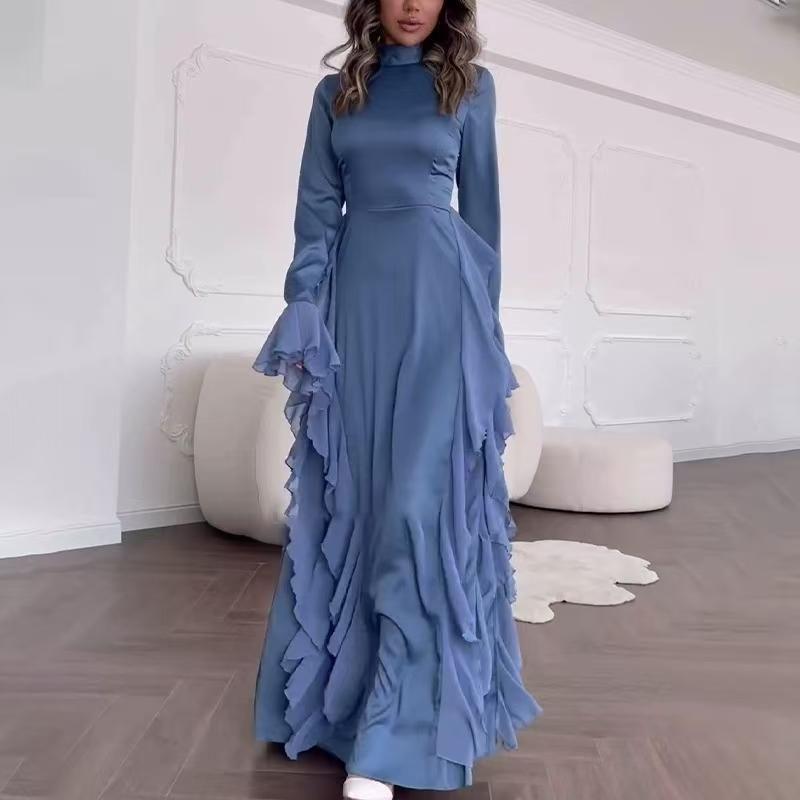 Western Style New Fashion Temperament Lace Half-high Collar Bell Sleeve Dress Flared Sleeve Dress