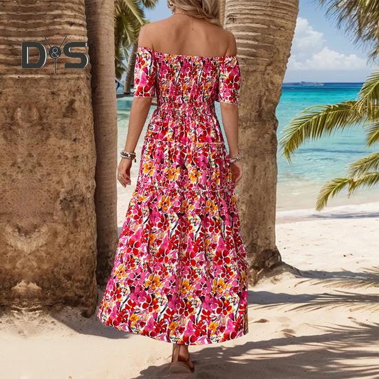 Dámské plážové šaty mimo ramena Barevný potisk květin A-line Patchwork s volným lemem lemování bez zad Krátké rukávy letní prázdninový styl midi šaty