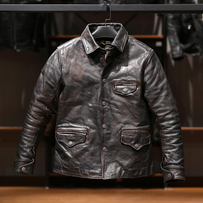 Spring and Autumn Japanese Vintage Division Brakeman Tea Core Horse Leather Jacket Men's Lapel Casual Tea Core Black Leather Jacket