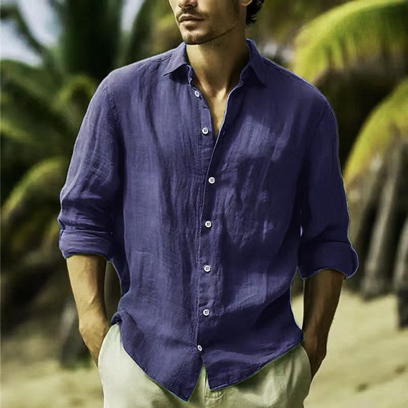Men's Cotton Linen Solid Short Sleeve Button Shirt for Spring/Summer Beach Wear.