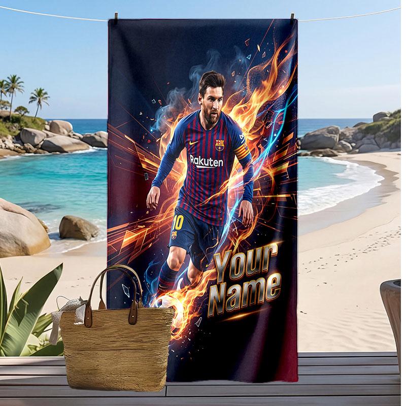 Asciugamano da Spiaggia Personalizzato Stampato Lionel Messi Logo Calcio Supporto Nome Personalizzato Testo Asciugamano Assorbente Per Sport Viaggio Regalo Speciale