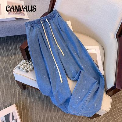 Gerade Jeans für Damen in Übergröße, Sommer, unregelmäßiger Tupfendruck, enge Hose mit hoher Taille und weitem Bein