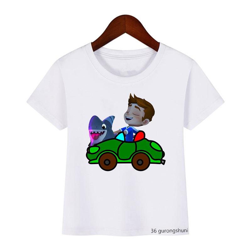 Cute Boys Girls Kawaii Sharking with Sharkdog Cartoon Print Children'S Tshirt Summer Baby Clothes White Short Sleeve Tops