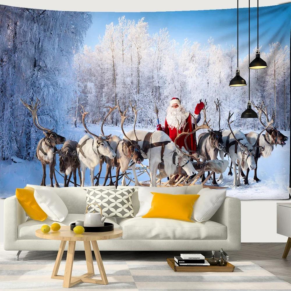 New Year Christmas Decoration Snow House Nature Cat Tapestry Kawaii Decor Wall Hanging Psychedelic Hippie Aesthetic Home Decor