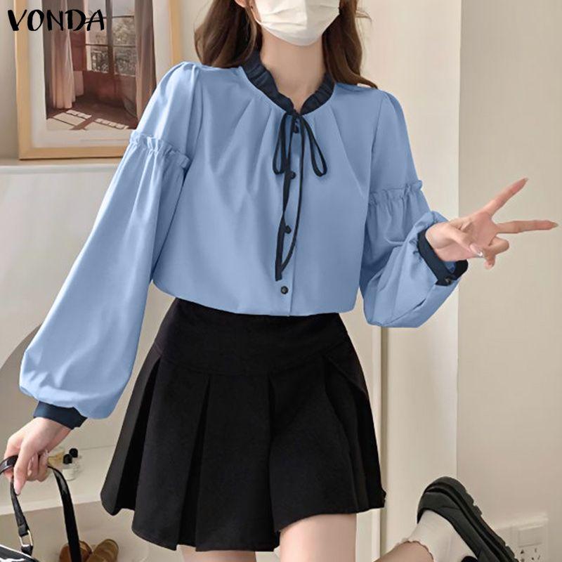 VONDA Women Casual Lace-up Neck Long Sleeve Stitching Solid Color Loose Blouse