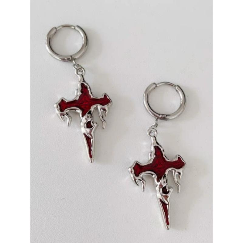 Dark Gothic Punk Flame Lava Cross Earrings - Y2K Retro Hot Girl Style