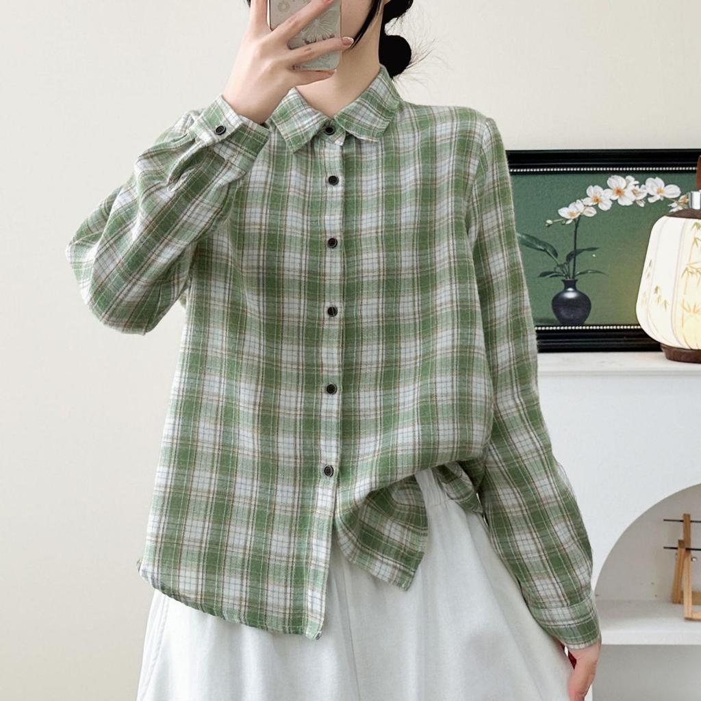 Women's Brushed Cotton Plaid Shirt - Green Cardigan Blouse, Long Sleeve, Spring/Autumn 2026