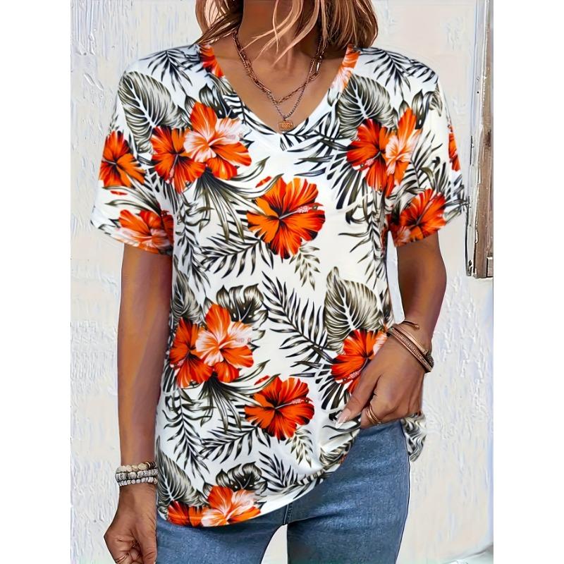 T-shirt Women's Summer Casual Elegant V-neck Short Sleeve Retro Floral Top Loose Casual Wear Ladies T-shirt