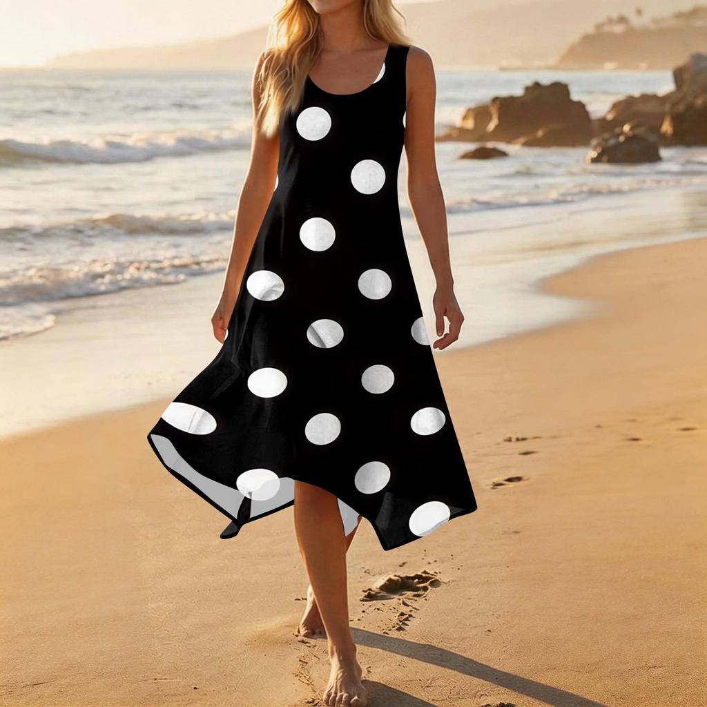 Women Sleeveless Polka Dot Print Midi Dress Crew Neck Casual Loose Fit Asymmetrical Hem Lightweight Sundress