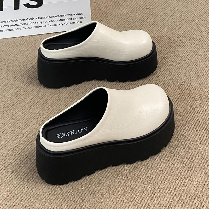 CRLAYDK Women's Platform Heel Mules Casual Shoes Closed Toe Backless Slip On Leather Walking Increase Height Wedge Slippers