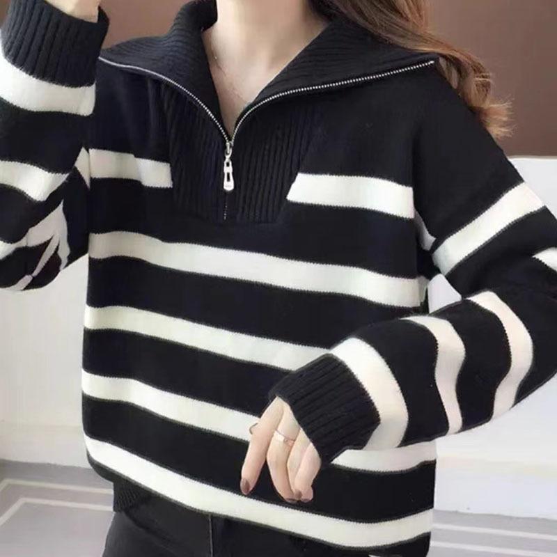 Maglione da Donna Casual Largo con Collo Alto e Zip a Strisce Lavorato a Maglia Pullover Autunno Inverno Top Caldi Maglieria Primaverile