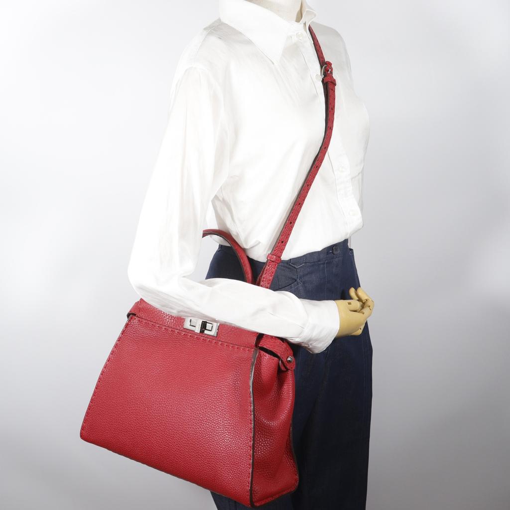 FENDI Peekaboo medium Handbag 8BN226 Celeria 2WAYShoulder Red leather Women Used