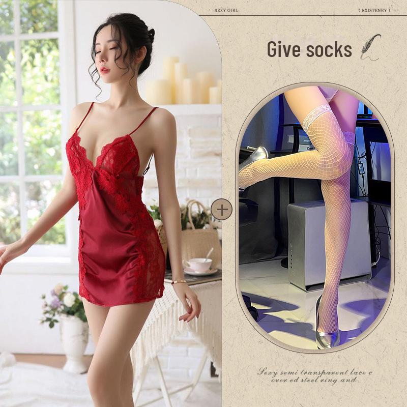 Sexy Temptation Lace Ice Silk Nightdress - Erotic Backless Lingerie for Women