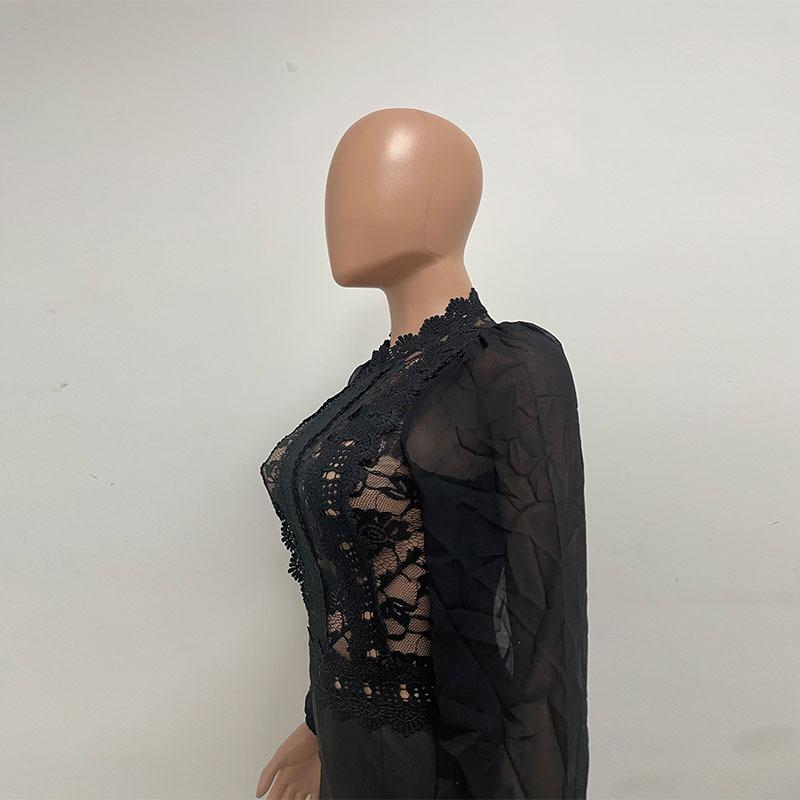 Women's High Collar Lace Lace Fashion Solid Color Chiffon Long Sleeve High Waist Jumpsuit