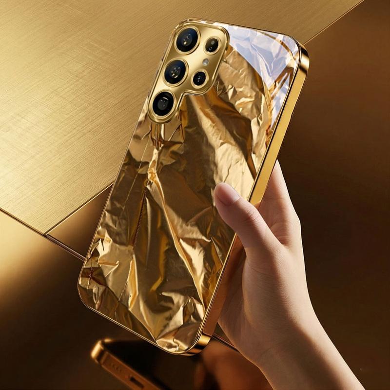 Metallic Paint Tempered Glass Phone Case for Ultra Full Gold Electroplated Frame Crinkle Gold Foil Glossy Mirror Cover