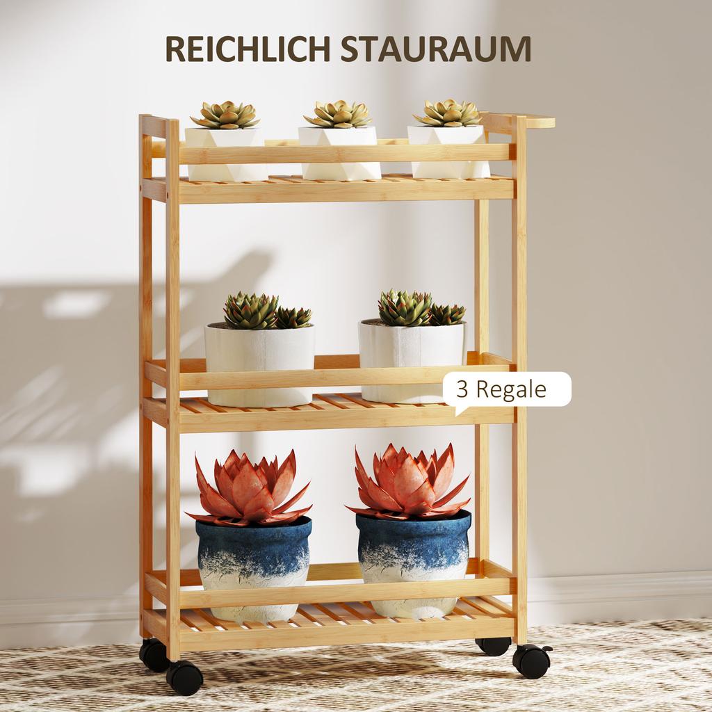 Serving Cart, 3 Tiers, Slatted Shelves, Fall Protection, Bamboo, 55 x 20 x 75 cm