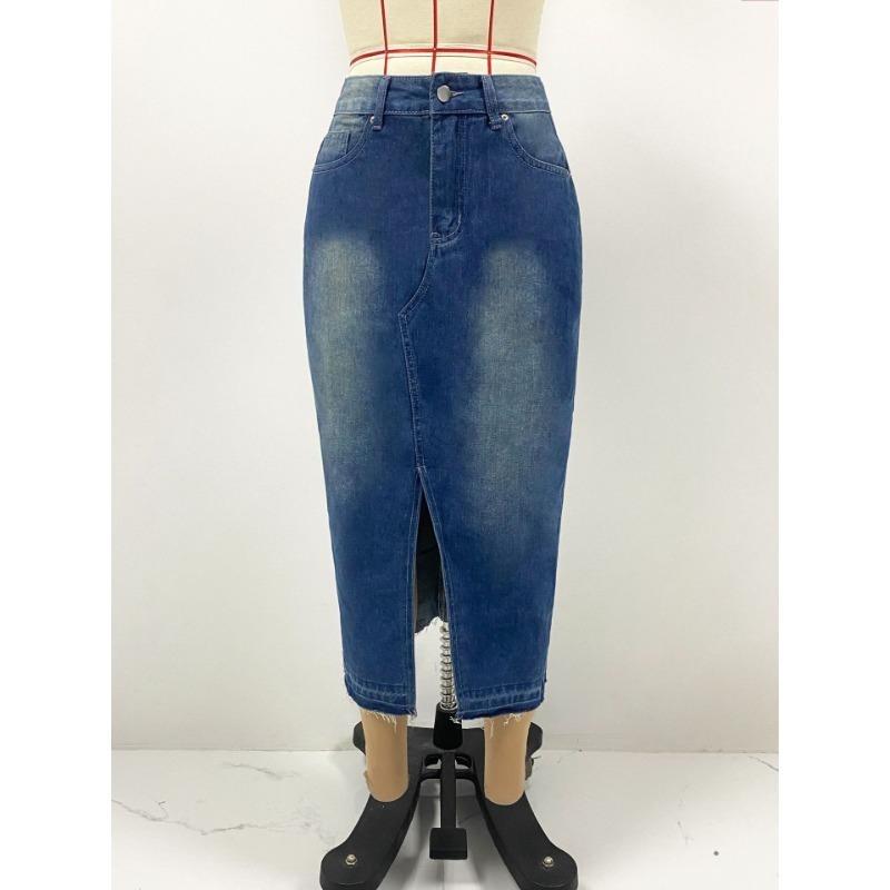 Women's Retro Fashion High-waisted Open Denim Skirt Slim Package Hip Skirt Medium-length Half-body Skirt
