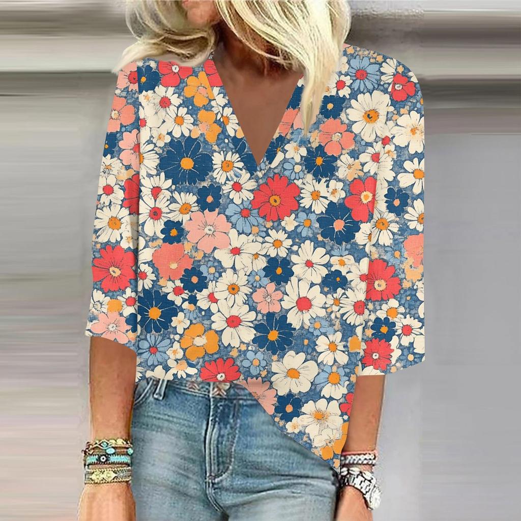 Women's Shirt Blouse Casual Loose Shirts 3/4 Sleeve Print V Neck Tops Print Tops T-shirts Tee