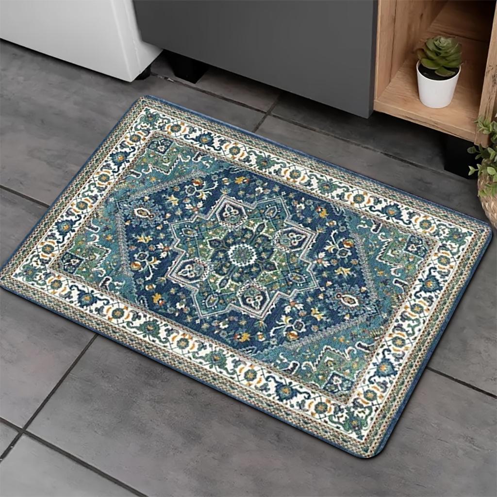 Vintage Persian Area Rug Blue Floral Medallion Carpet Non-slip Floor Mat for Living Room Bedroom Home Decor