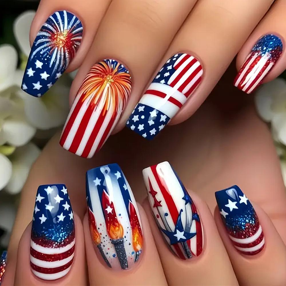 

Independence Day Medium-Length Blue Star and Stripe T-Shaped Wearable Nail Art Patches