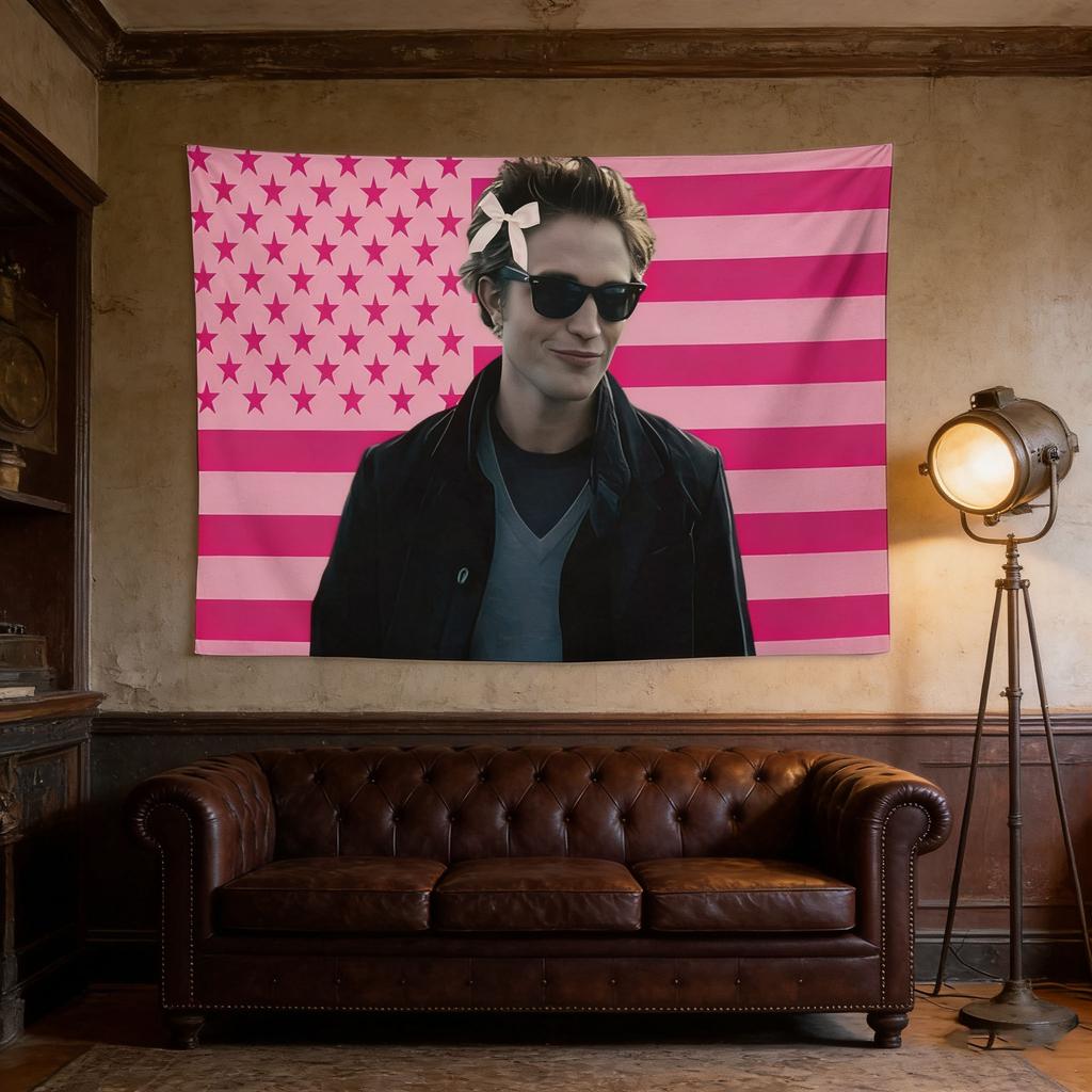 Edward Cullen USA Flag Tapestry Pink White Striped Star Design Wall Decor for Bedroom Living Room Dorm