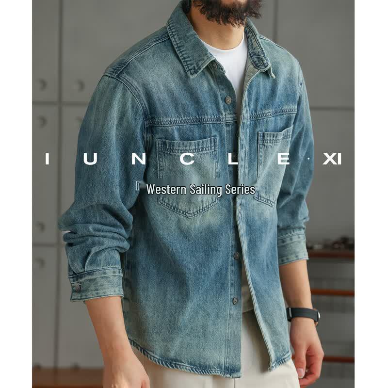 iunclexi Western Voyage Men s Washed Denim Short-Sleeve Shirt XL