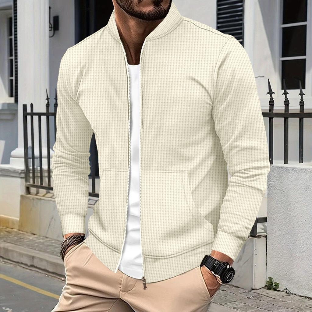 European and American ins men's autumn and winter new waffle solid color zipper baseball jersey pocket long-sleeved jacket