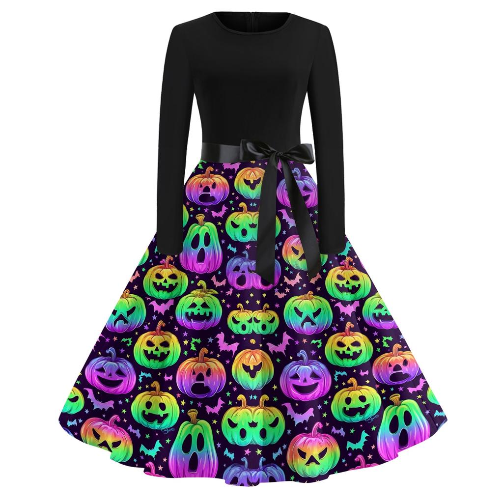 Women's Casual Halloween Print Dress Long Sleeve Round Neck Retro Vintage Style Midi Dress with Waist Tie for Everyday Wear