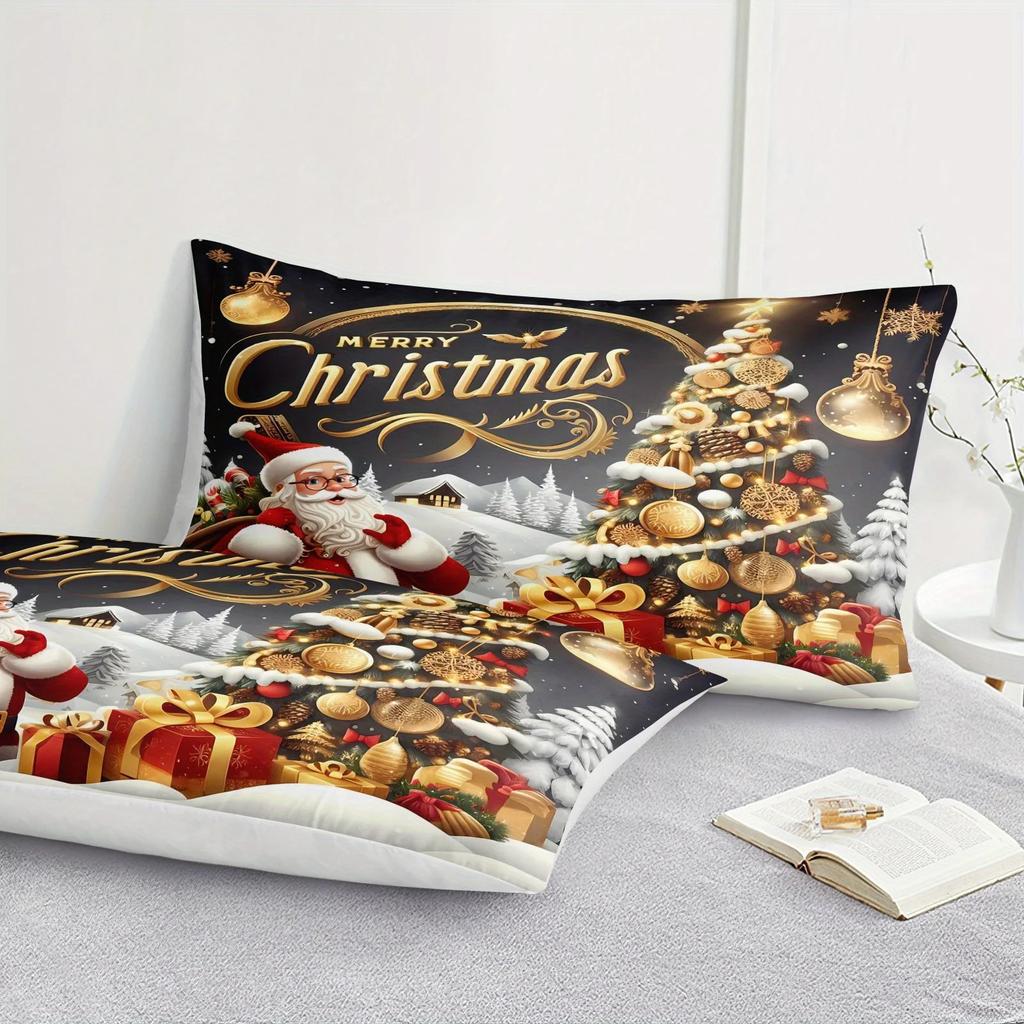 3pcs 85G July Polyester and Nylon Gorgeous Christmas Moon Color, Tree and Santa Digital Fitted Sheet Set, Soft, Comfortable, Bed