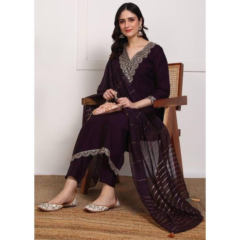Party Wear Tunic Pure Silk Kurti Pant Dupatta Set Indian Women Salwar Kameez VF-20159