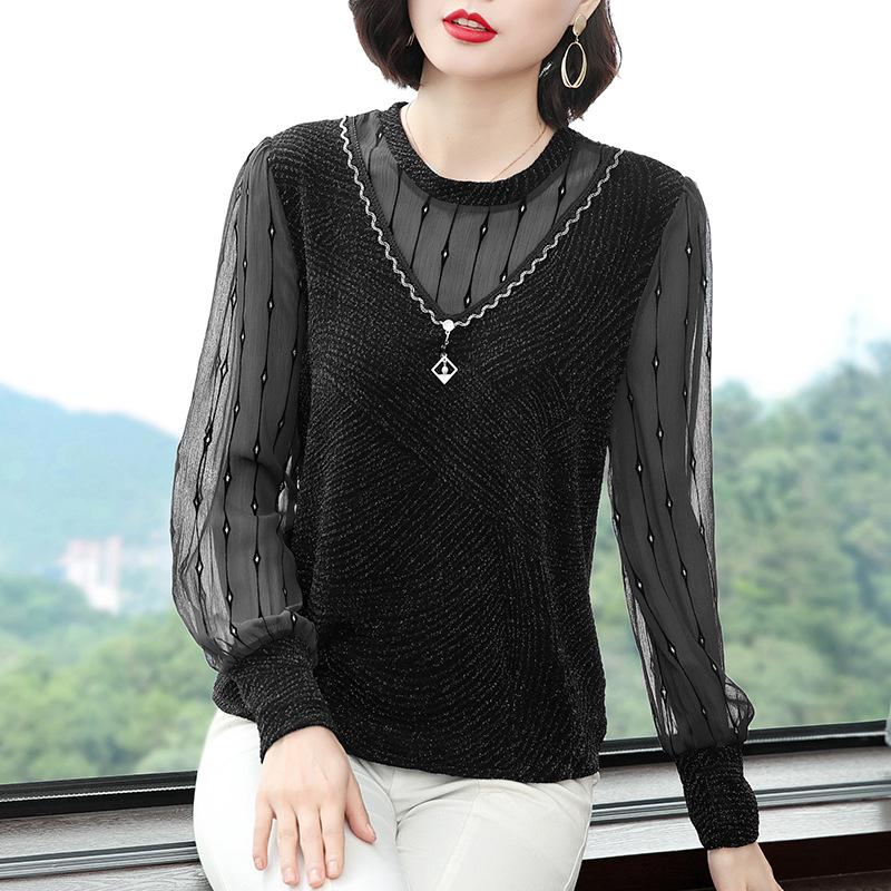 2023 Spring & Autumn Women's Long Sleeve Loose Base Shirt for Middle-aged Moms