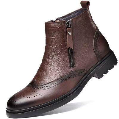 Men's Shoes Business Leather Boots Dress Brock Boots Autumn and Winter High Top Zipper Engraved Leather Cowhide Casual Men's Boots
