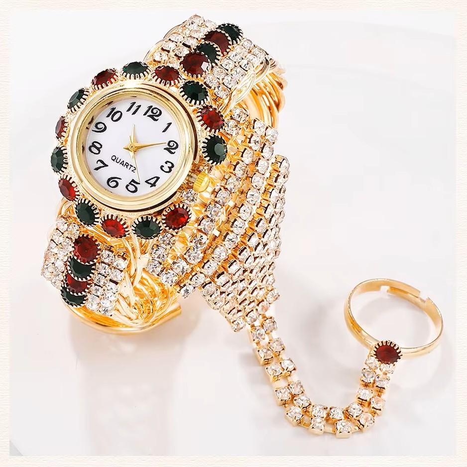 Luxury Women Bracelet Finger Hand Quartz Watch Women Diamond Rhinestone Lady Sport Red Dial Wristwatch Clock