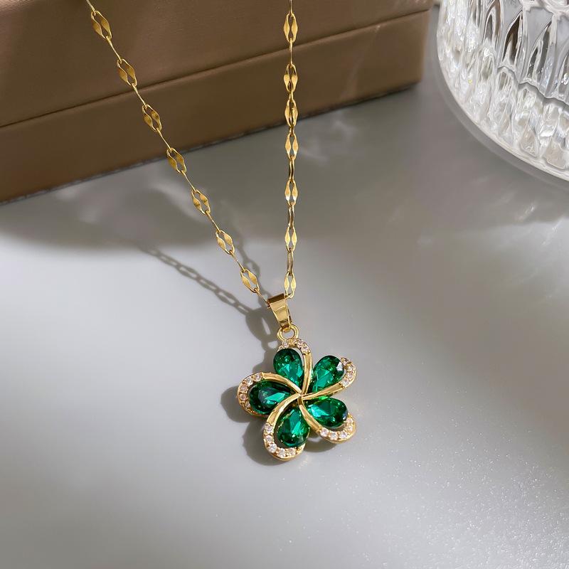 316L Stainless Steel Exquisite Green Zircon Flower Necklace Ladies Fashion Party Dating Clavicle Chain Sweater  Chain Gift