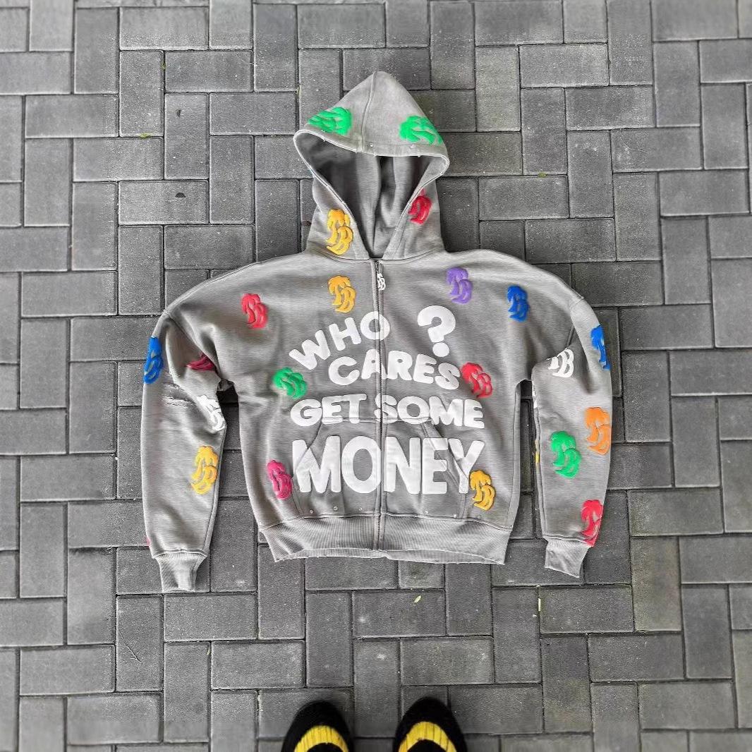 Trendy American Fashion Printed Pattern Loose Casual Comfort Hooded Zipper Vintage Sweater Jacket Top S
