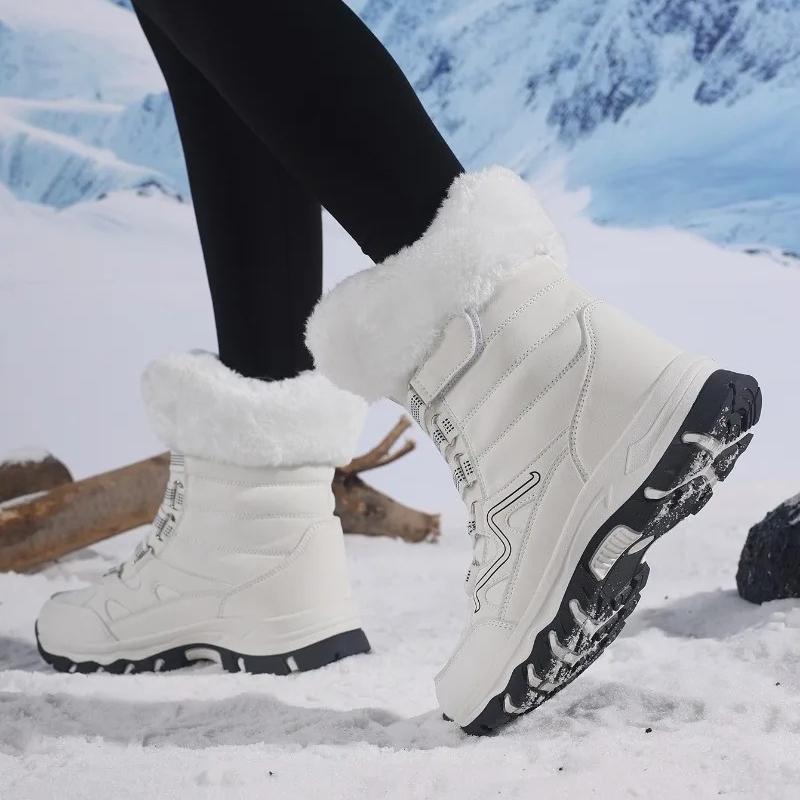 Plush Mid-top Winter Boots Women Warm Cotton Shoes Anti-slip Rubber Sole Outdoor Sneakers Plush Waterproof Ladies Hiking Footwear