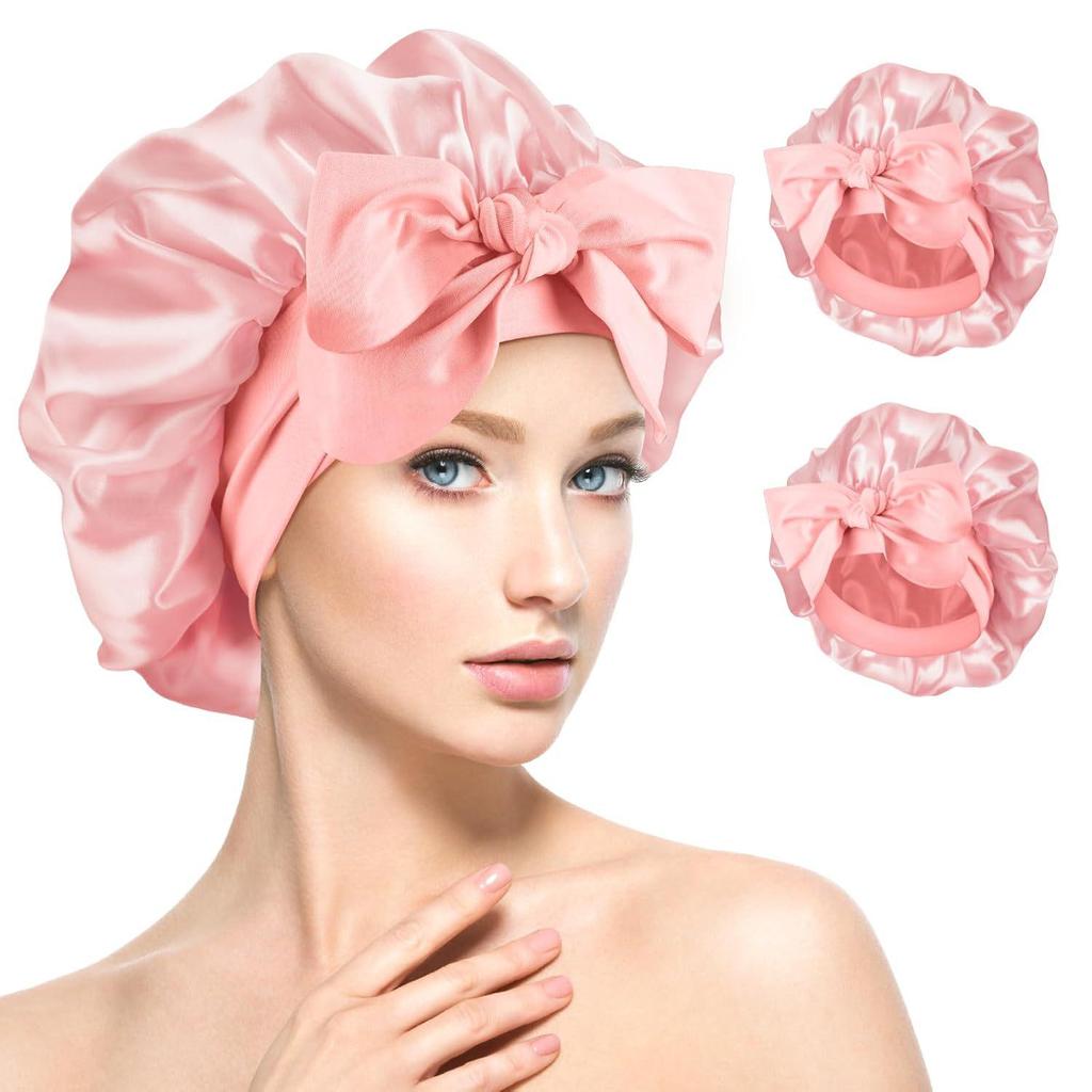 Double-Layer Satin Bowknot Sleep Cap - Imitation Silk Wide Brim Hat for Hair Care