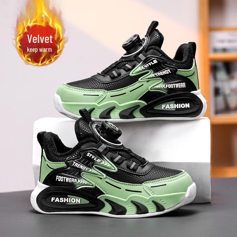 Boys' 2025 Autumn/Winter Sports Shoes with Rotating Button, Double-Layered Cotton, Plus Velvet Warmth for Medium and Large Children.
