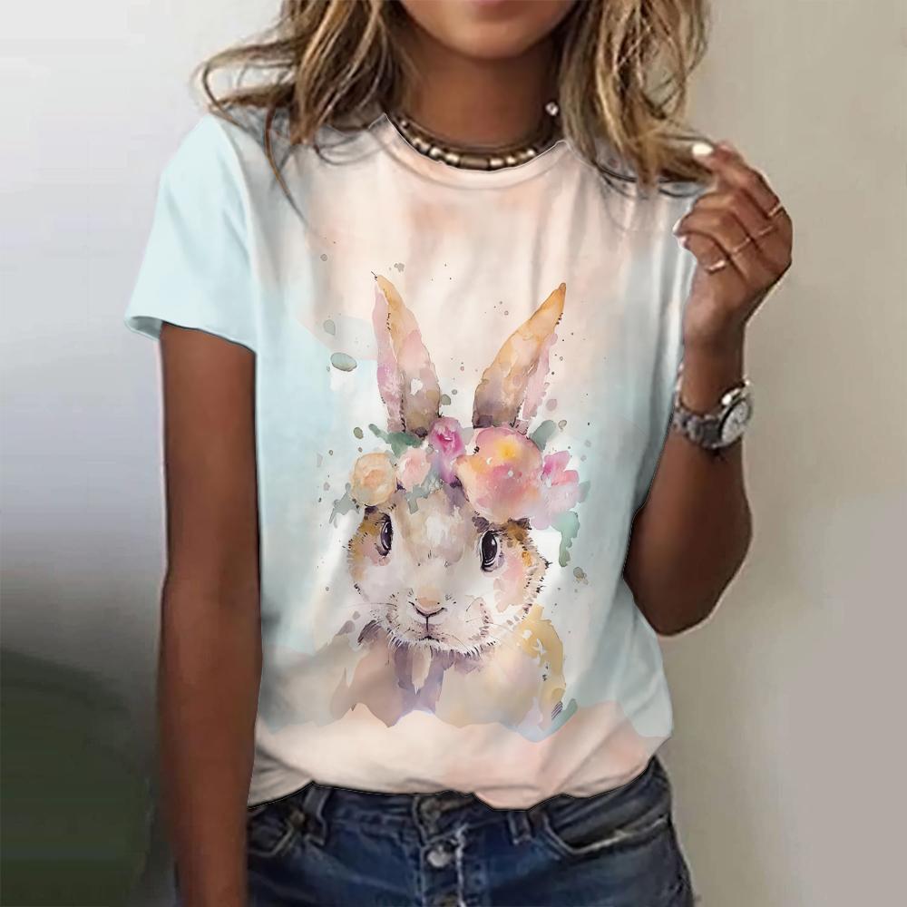 New Vintage Rabbit Print Women's T-shirt Plus Size Top 2024 Women's Clothing Fashion Short Sleeve Shirt Crew Blouse Summer