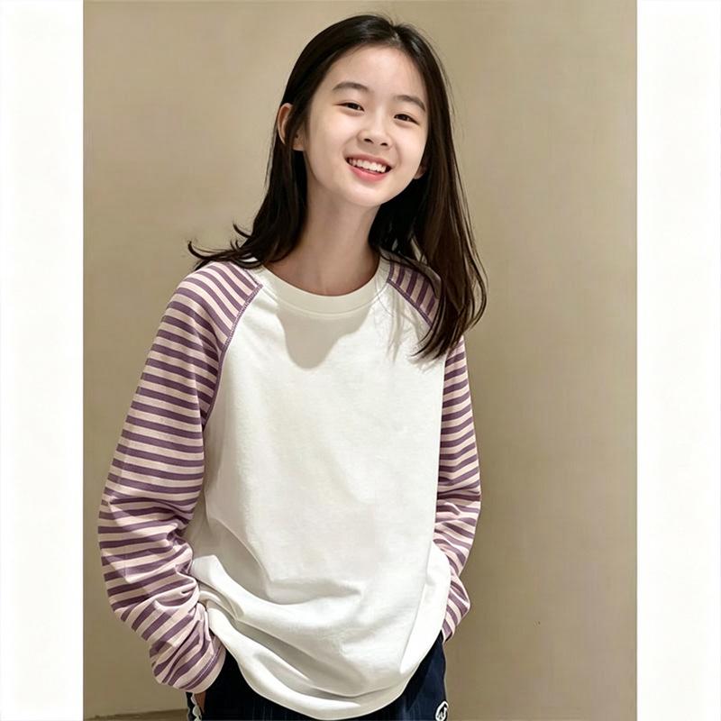 Girls' Korean Style Patchwork Striped Long-Sleeve T-Shirt—Trendy Color Block Base Layer for Spring and Autumn