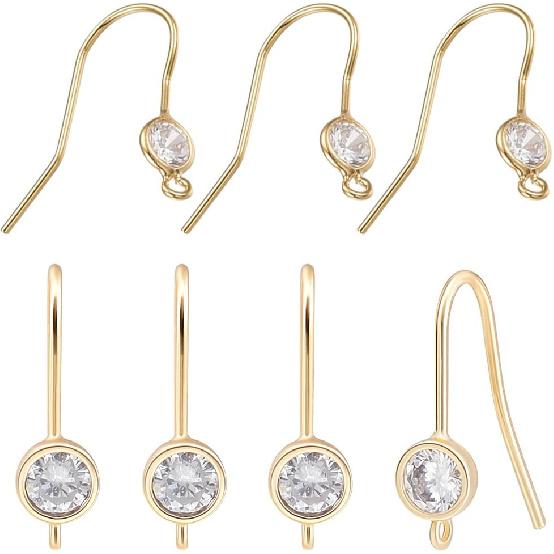 

Beebeecraft 16 шт. 2 размера Крючки для серег из кубического циркония с покрытием из 18-каратного золота, Ушные дужки, Крючки-рыбки с петлей, Круглые компоненты для серег со стразами для DIY