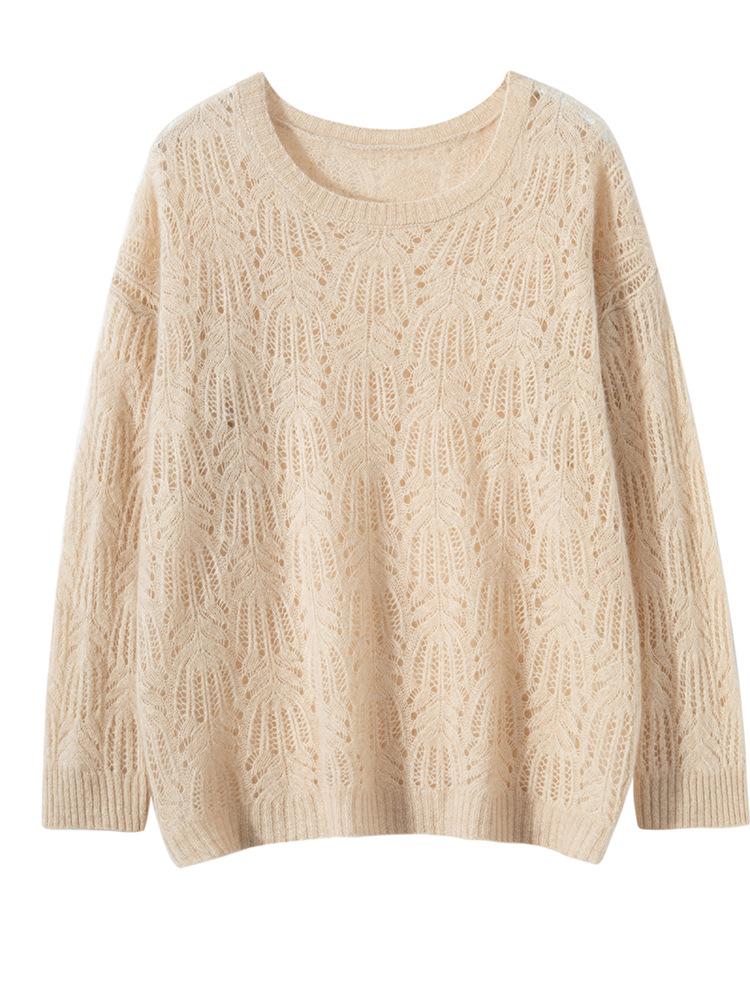 Women's Autumn Winter Cashmere Sweater - Hollow Design, Tree Grain, Round Neck, Long Sleeve, Loose Fit Pullover