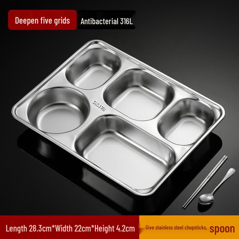 Zhebu 316L Stainless Steel 5-Compartment Divided Cafeteria Tray