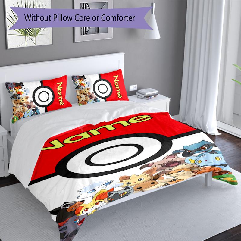 3pcs Custom Name Pokémon Ash and Pikachu Bedding Set,Includes 1 Duvet Cover and 2 Pillowcases,All-season Bedroom Decor