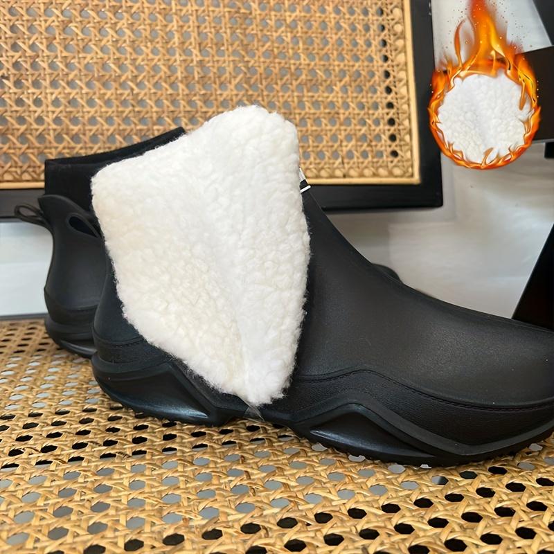 Γυναικείες Άνετες Αδιάβροχες Μπότες με Φλις Επένδυση, Μποτάκια Αστραγάλου με Χοντρή Σόλα, Ανοιχτό Μπεζ PVC Επάνω Μέρος & Λευκή Φλις Εσωτερική Επένδυση, Casual Παπούτσια Κήπου, Αδιάβροχες Μπότες