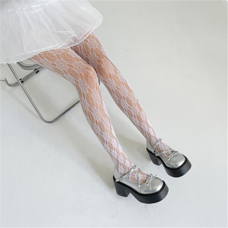 Elegant Lace Floral Hollowed Fishnet Pantyhose for Women's Japanese Aesthetic See Through Mesh Tights Stockings Hosiery