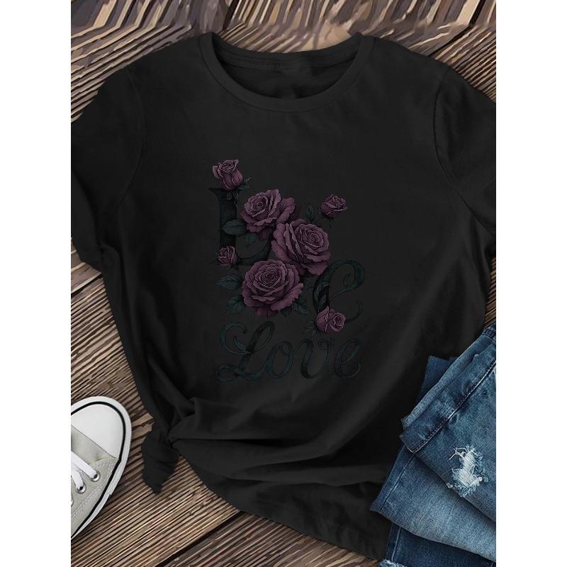 Womens Minimalist Love Letter Tee Oversized L Dark Floral Detailing Crew Neck Short Sleeve All Season Everyday Romance Casual Top