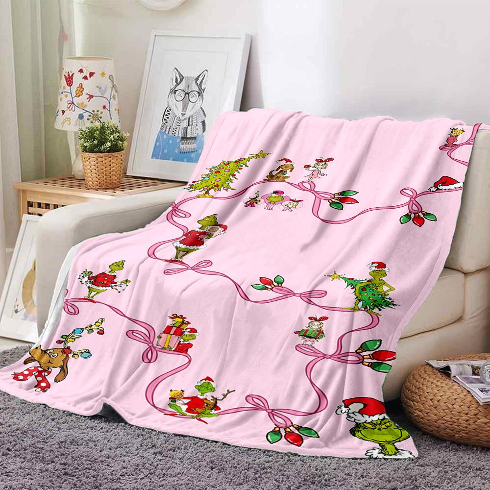 Christmas Grinch Lights Pink Blanket Soft Throw Blanket For Home Bedroom Bed Sofa Travel Office Solid Christmas Blanket