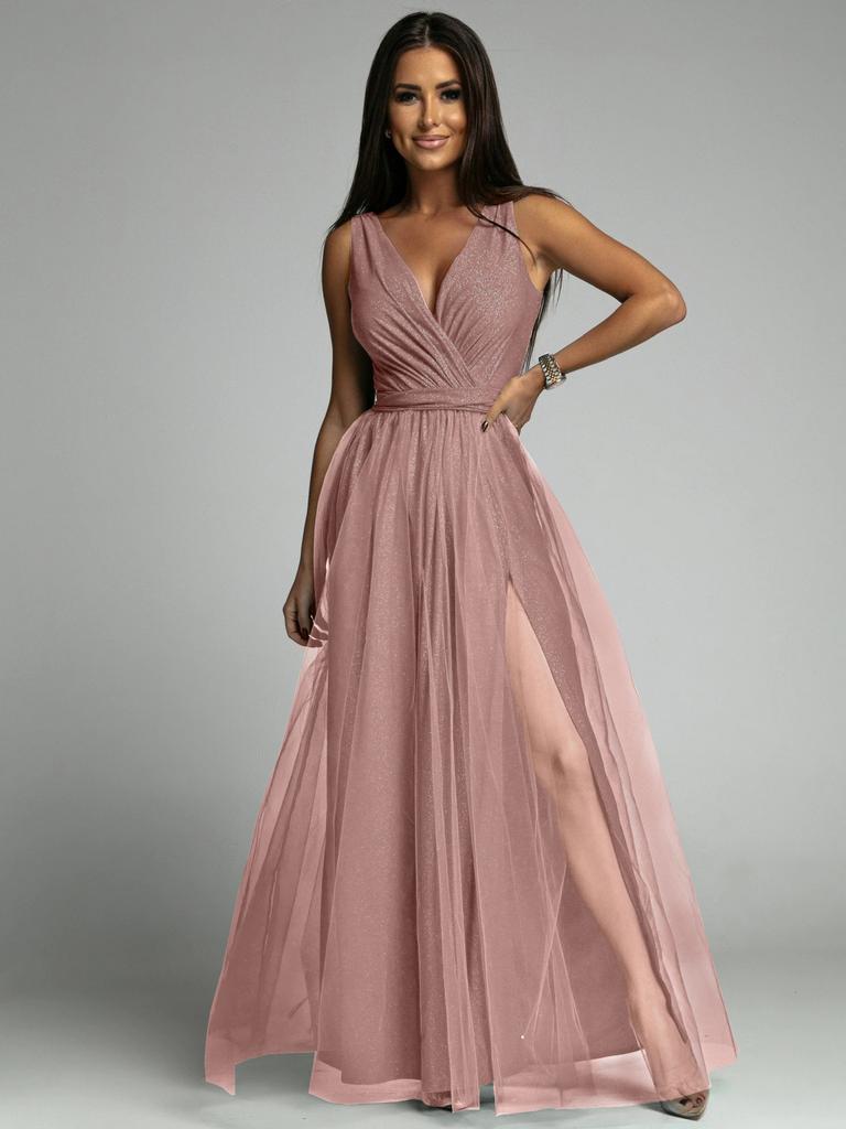 Europe and the United States Cross-border 2025 New Ma Xun Sexy V-neck Waist and Thin Split Fork Big Pendulum Shiny Dress Dress