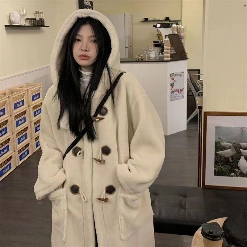 Wollmantel in mittlerer Länge Damen Herbst und Winter Zweireihig Einfarbig Langarm Preppy-Stil Büro-Dame Kapuzenmantel Weiblich